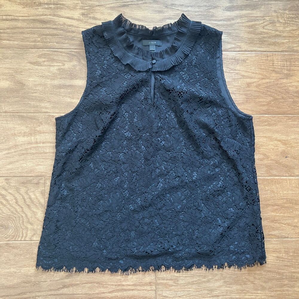J.Crew Lace Ruffleneck Sleeveless Top Women's Size M Black Floral